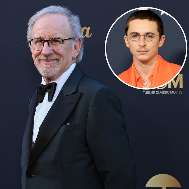 Steven Spielberg attends AFI Life Achievement Award Ceremony April 26, 2025 in Hollywood, California./ Timothée Chalamet attends A24's "Marty Supreme" New York Premiere on December 16, 2025 in NY